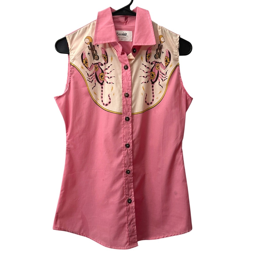 Boozelele Scorpion Western Top S Pink Sleeveless Button Down Cowgirl Retro